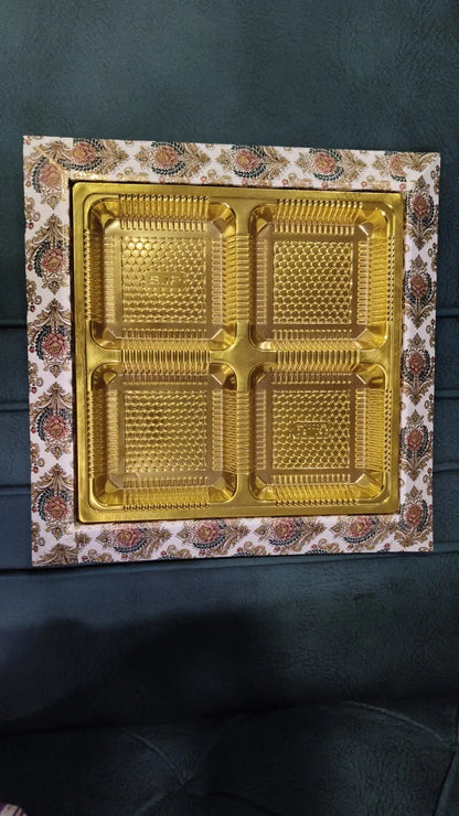 Floral Print Gift Box with Golden 4-Slot Tray – Elegant Chocolate & Dry Fruit Hamper Box