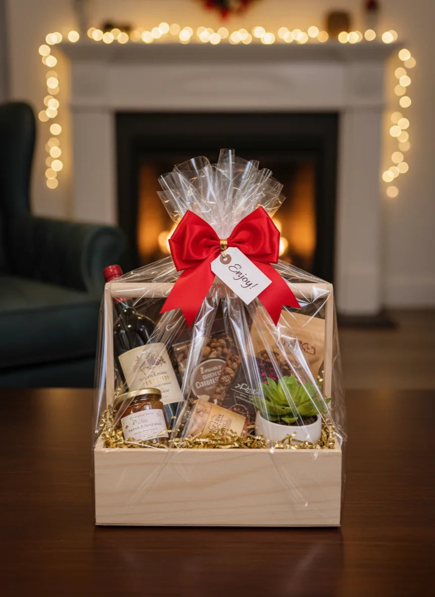 Premium Pine Wood Gift Hamper Basket with Handle – Elegant Wooden Tray for Gifting & Decor