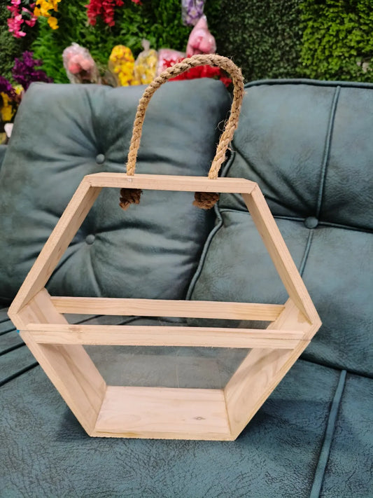 Hexagonal Pine Wood Gift Hamper Basket with Rope Handle