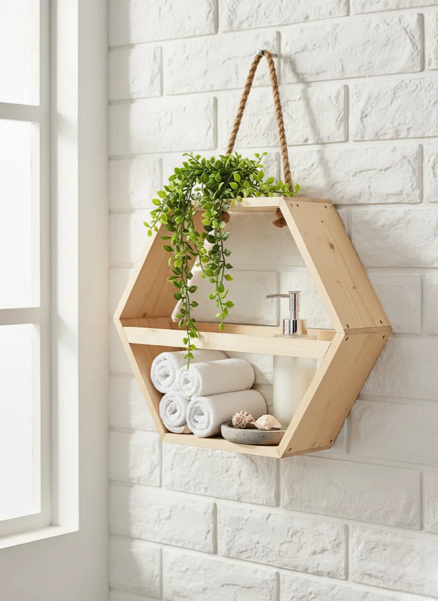 Hexagonal Pine Wood Gift Hamper Basket with Rope Handle