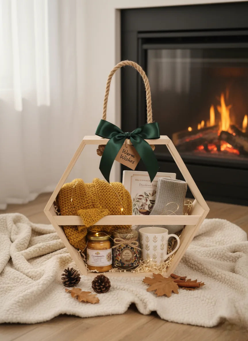 Hexagonal Pine Wood Gift Hamper Basket with Rope Handle