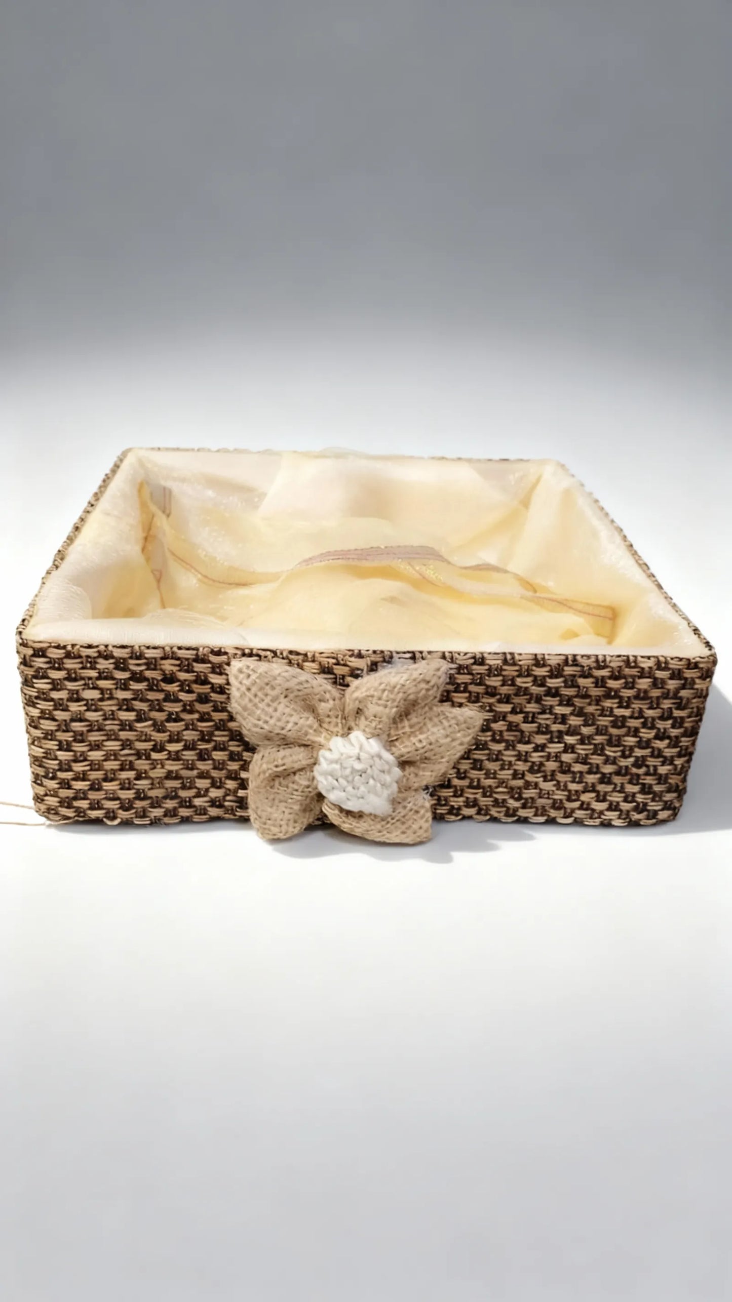 Handcrafted Jute Gift Hamper Basket with Fabric Lining & Flower Design