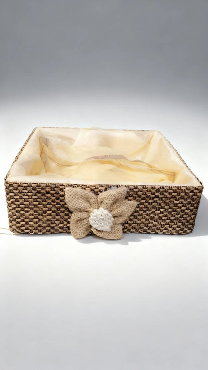Handcrafted Jute Gift Hamper Basket with Fabric Lining & Flower Design