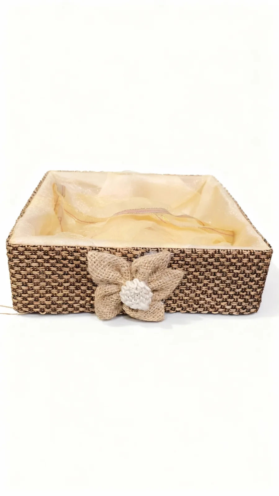 Handcrafted Jute Gift Hamper Basket with Fabric Lining & Flower Design