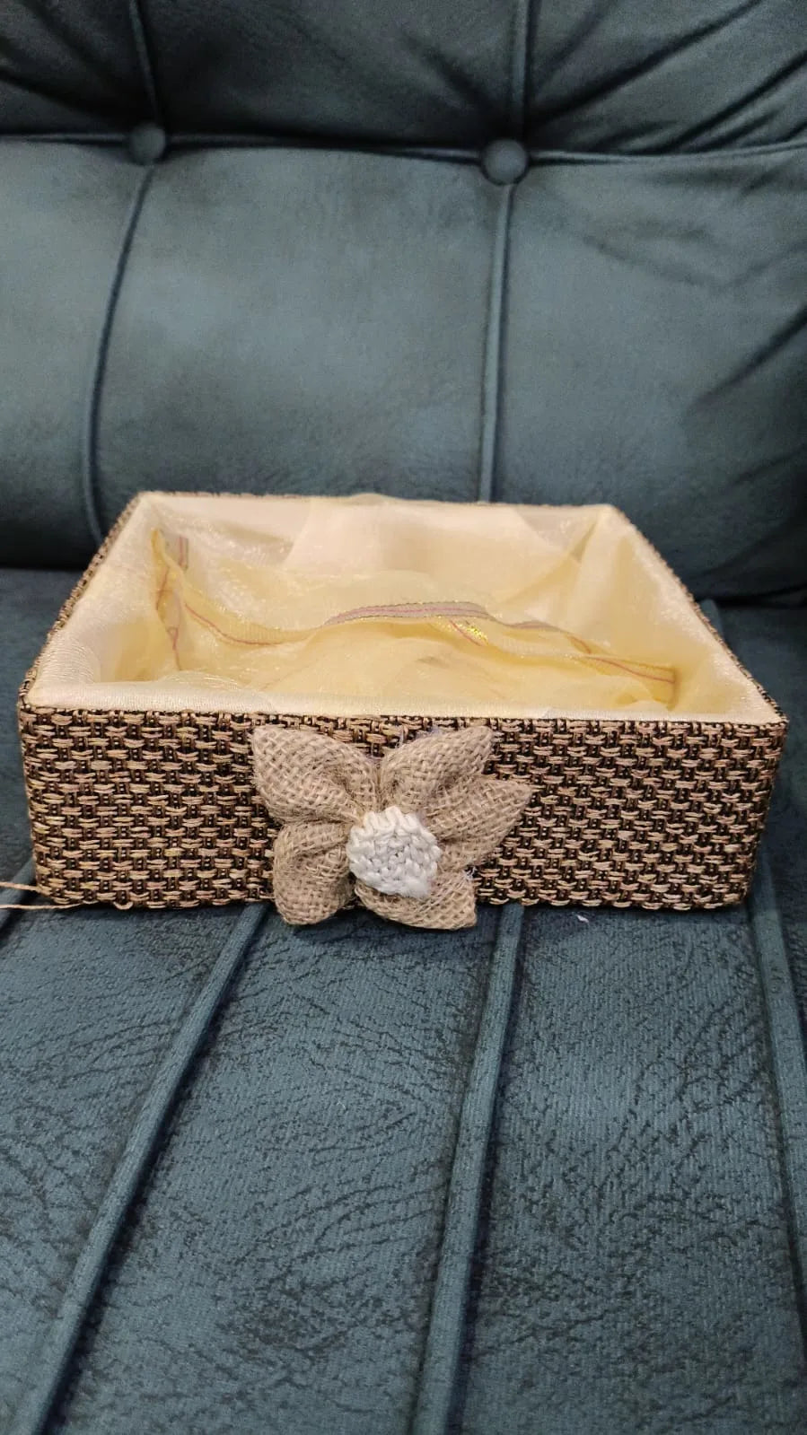 Handcrafted Jute Gift Hamper Basket with Fabric Lining & Flower Design