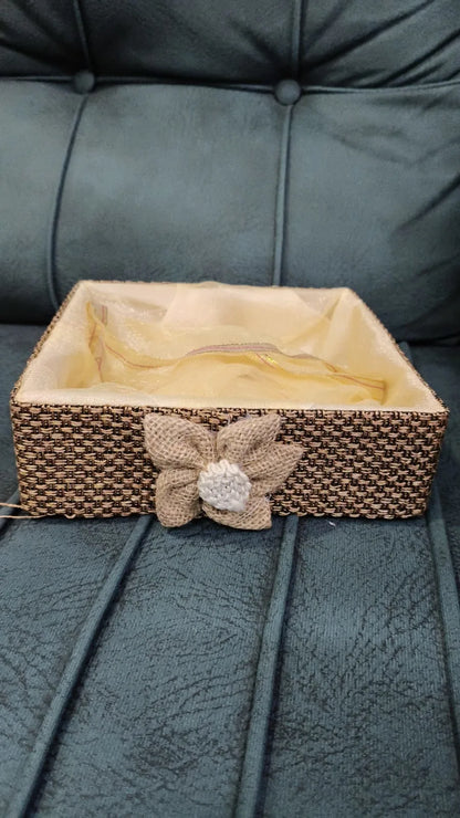 Handcrafted Jute Gift Hamper Basket with Fabric Lining & Flower Design