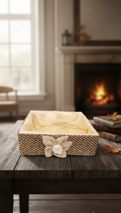 Handcrafted Jute Gift Hamper Basket with Fabric Lining & Flower Design