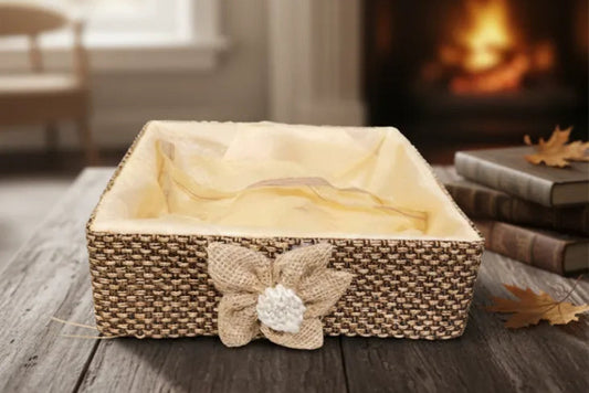 Handcrafted Jute Gift Hamper Net Basket with Fabric Lining & Flower Design