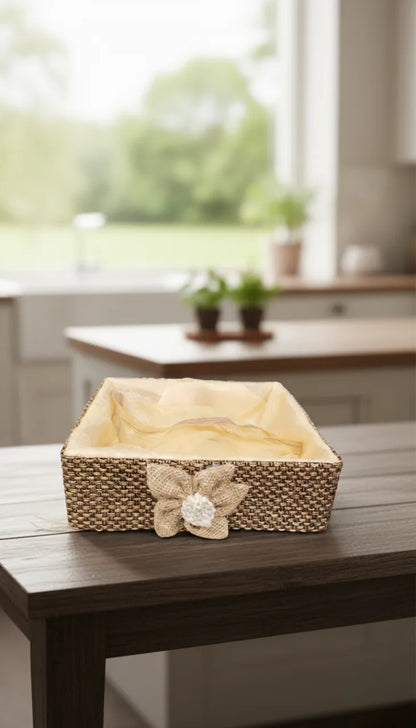 Handcrafted Jute Gift Hamper Basket with Fabric Lining & Flower Design