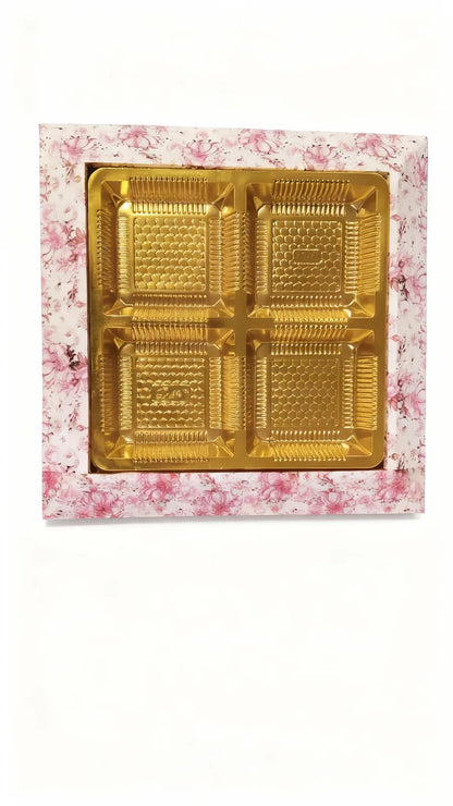Floral Print Gift Box with Golden 4-Slot Tray – Chocolate & Dry Fruit Hamper Box