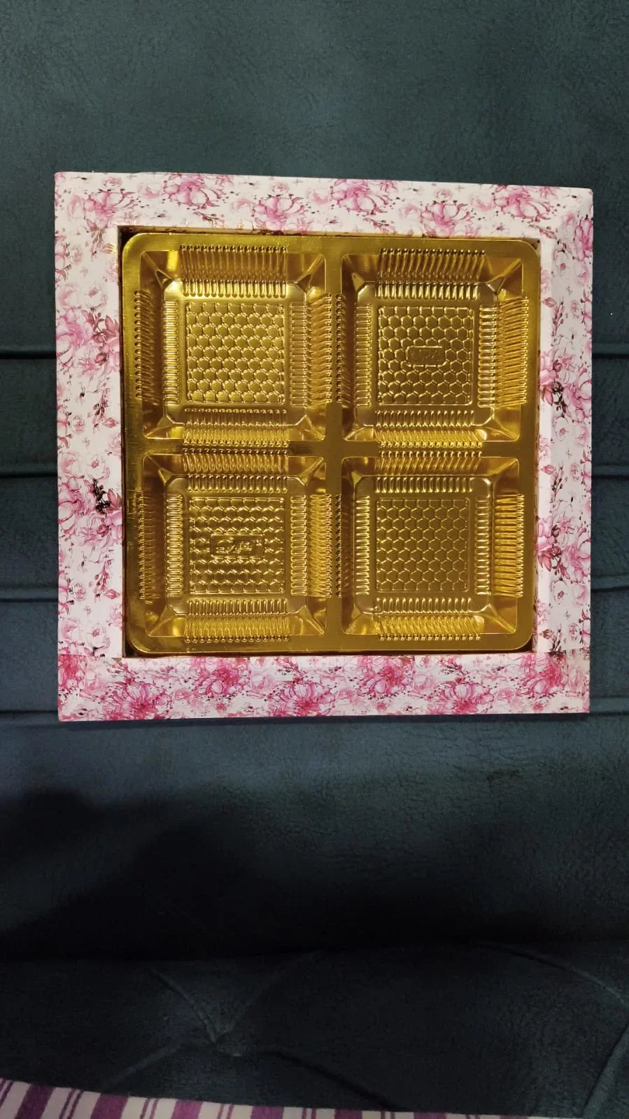 Floral Print Gift Box with Golden 4-Slot Tray – Chocolate & Dry Fruit Hamper Box