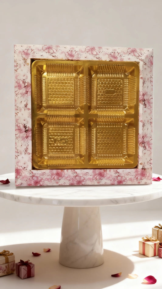Floral Print Gift Box with Golden 4-Slot Tray – Chocolate & Dry Fruit Hamper Box