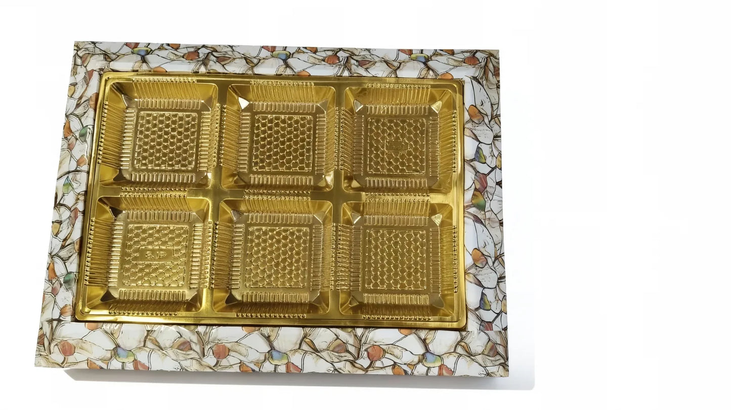 Leaf Print Gift Box with Golden 6-Slot Tray – Chocolate & Dry Fruit Hamper Box