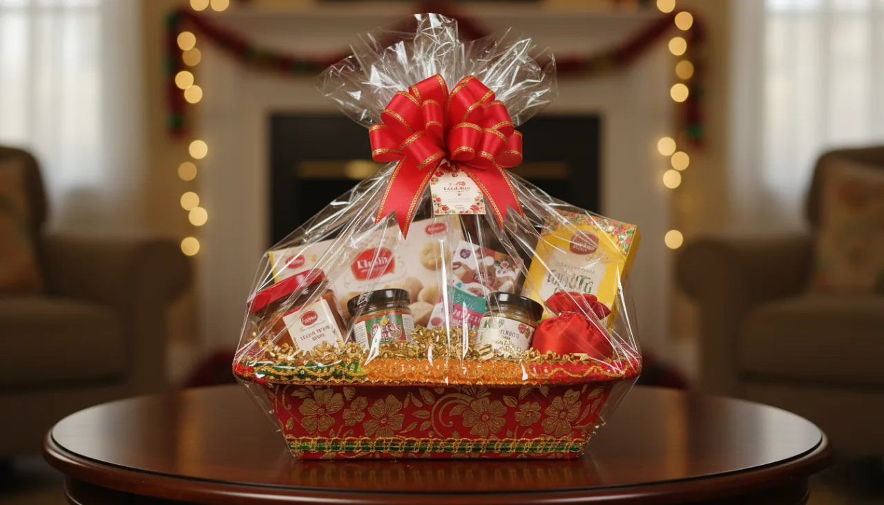 Traditional Red & Gold Gift Hamper Basket with Decorative Net Cover – Perfect for Festive & Wedding Gifting