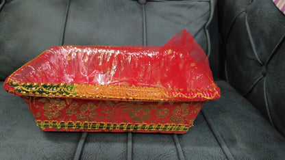 Traditional Red & Gold Gift Hamper Basket with Decorative Net Cover – Perfect for Festive & Wedding Gifting
