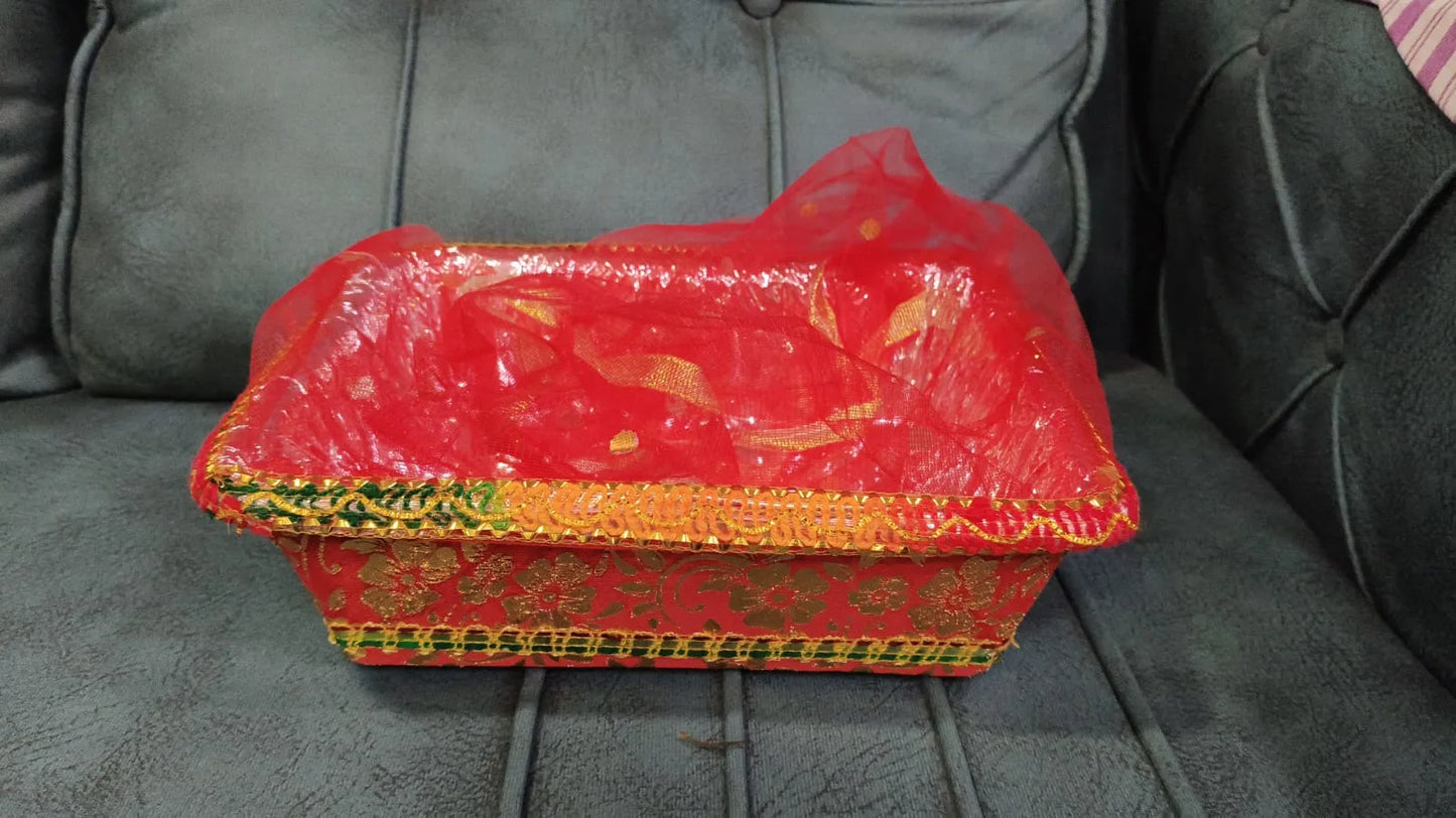 Traditional Red & Gold Gift Hamper Basket with Decorative Net Cover – Perfect for Festive & Wedding Gifting