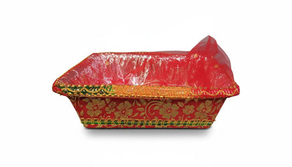Traditional Red & Gold Gift Hamper Basket with Decorative Net Cover – Perfect for Festive & Wedding Gifting