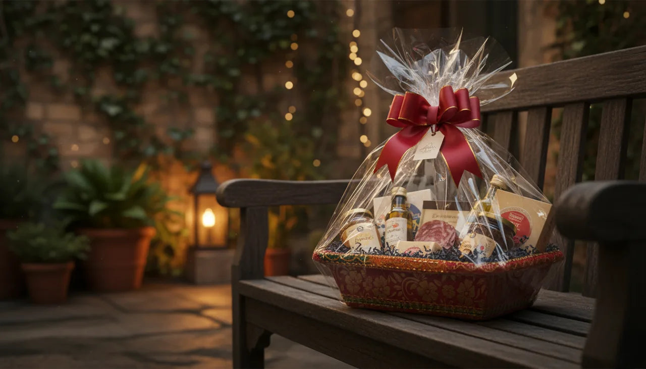 Traditional Red & Gold Gift Hamper Basket with Decorative Net Cover – Perfect for Festive & Wedding Gifting