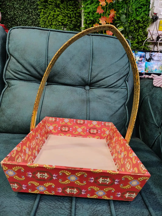 Red Printed Gift Hamper Basket with Golden Handle – Elegant Basket for Festive & Wedding Gifting