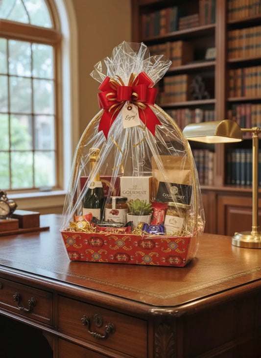 Red Printed Gift Hamper Basket with Golden Handle – Elegant Basket for Festive & Wedding Gifting