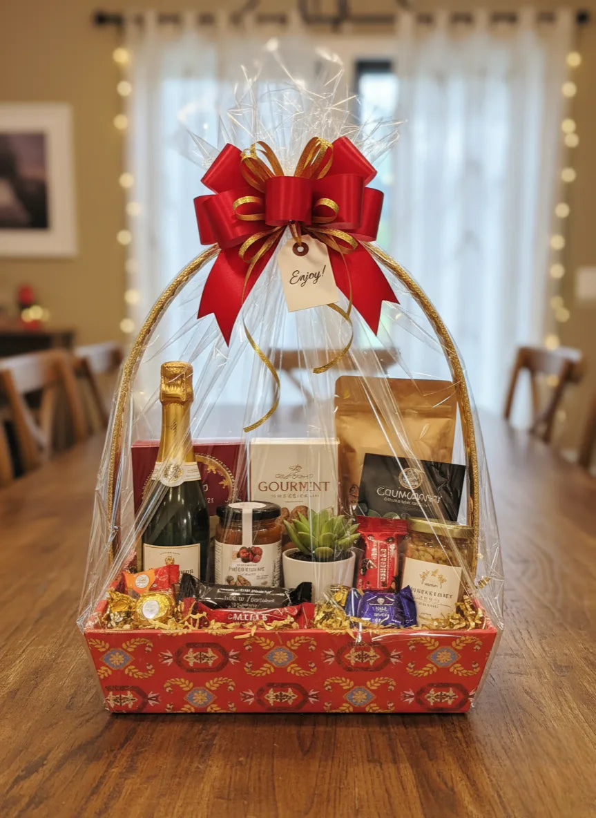 Red Printed Gift Hamper Basket with Golden Handle – Elegant Basket for Festive & Wedding Gifting
