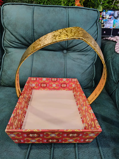 Red Printed Gift Hamper Basket with Golden Handle – Elegant Basket for Festive & Wedding Gifting