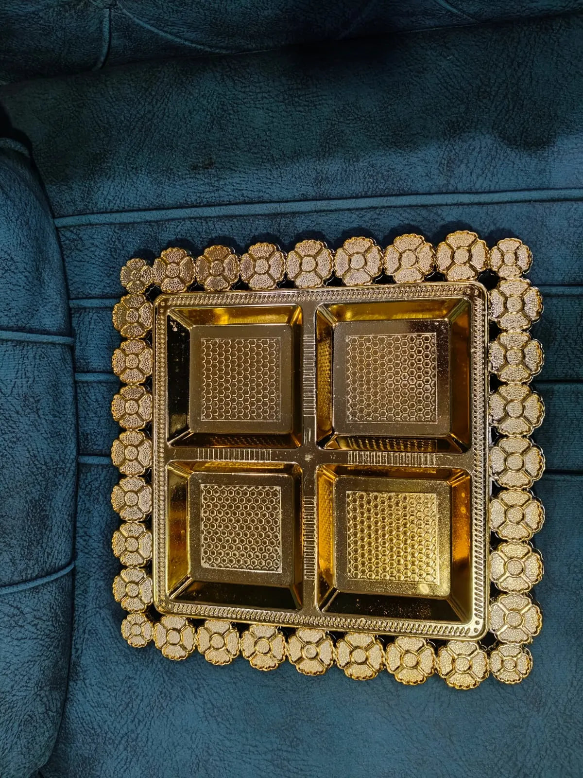 Golden Floral Design Gift Hamper Tray with 4 Compartments – Luxury Dry Fruit & Chocolate Box