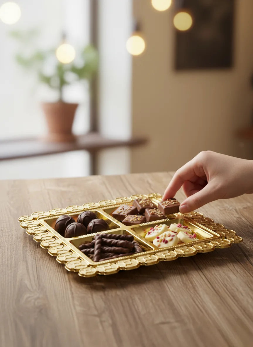 Golden Floral Design Gift Hamper Tray with 4 Compartments – Luxury Dry Fruit & Chocolate Box