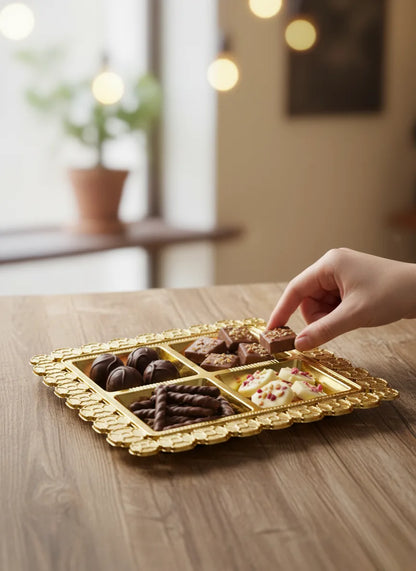 Golden Floral Design Gift Hamper Tray with 4 Compartments – Luxury Dry Fruit & Chocolate Box