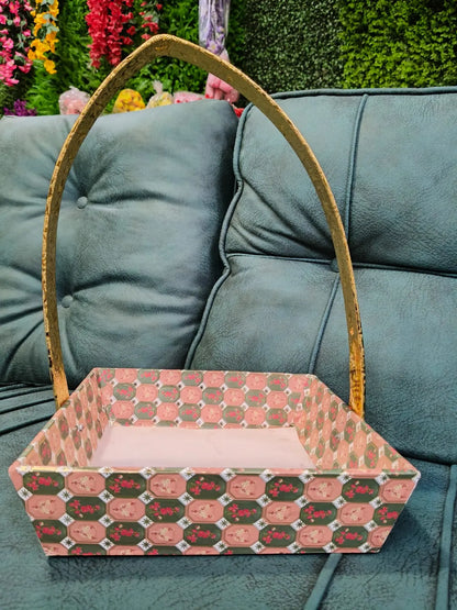 Designer Printed Gift Hamper Basket with Golden Handle – Stylish Basket for Festive & Wedding Gifting