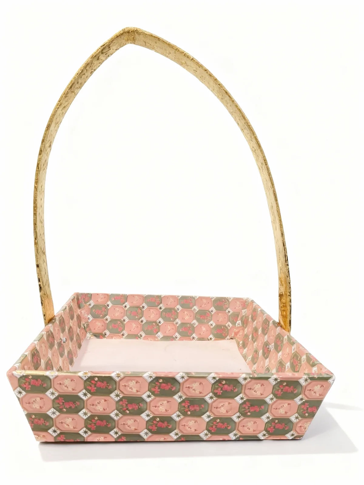 Designer Printed Gift Hamper Basket with Golden Handle – Stylish Basket for Festive & Wedding Gifting