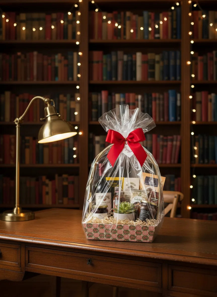 Designer Printed Gift Hamper Basket with Golden Handle – Stylish Basket for Festive & Wedding Gifting