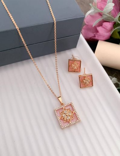 Rose Gold Square Pendant Set for Women | Floral Design | Stainless Steel | Anti-Tarnish Jewelry