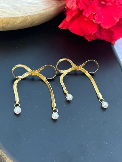 Gold Bow Drop Earrings for Women | Pearl Accents | Anti-Tarnish Stainless Steel Jewelry