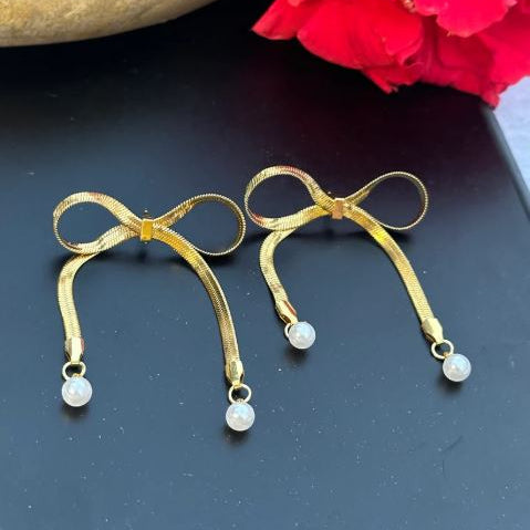 Gold Bow Drop Earrings for Women | Pearl Accents | Anti-Tarnish Stainless Steel Jewelry