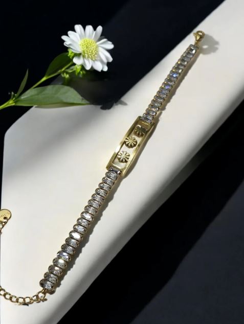 Gold Crystal Tennis Bracelet for Women | Floral Accent | Anti-Tarnish Stainless Steel Jewelry