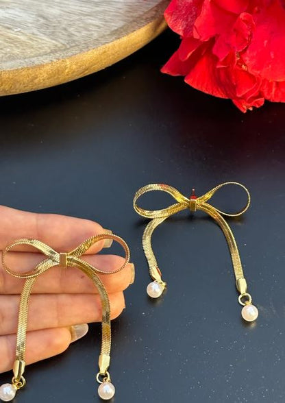 Gold Bow Drop Earrings for Women | Pearl Accents | Anti-Tarnish Stainless Steel Jewelry