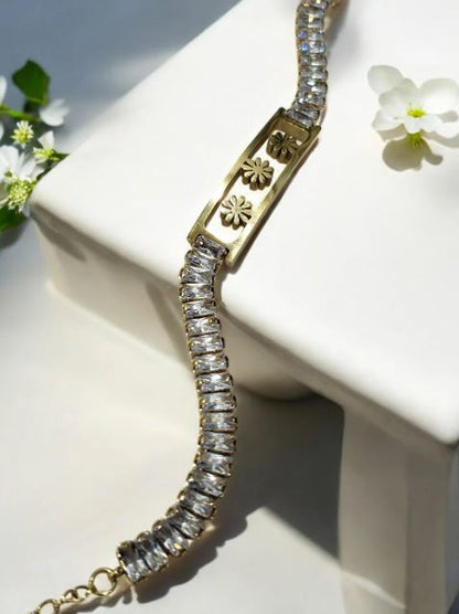 Gold Crystal Tennis Bracelet for Women | Floral Accent | Anti-Tarnish Stainless Steel Jewelry
