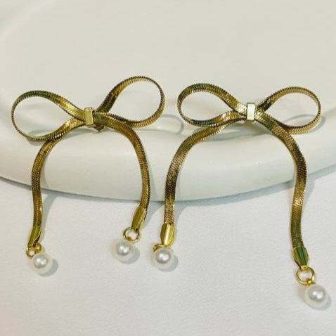 Gold Bow Drop Earrings for Women | Pearl Accents | Anti-Tarnish Stainless Steel Jewelry