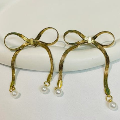 Gold Bow Drop Earrings for Women | Pearl Accents | Anti-Tarnish Stainless Steel Jewelry