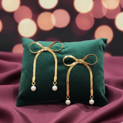 Gold Bow Drop Earrings for Women | Pearl Accents | Anti-Tarnish Stainless Steel Jewelry