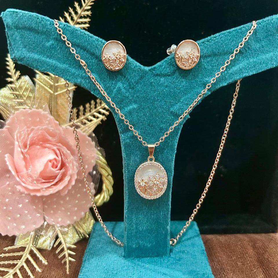 Rose Gold Floral Pendant Set for Women | Oval Design | Stainless Steel | Anti-Tarnish Jewelry
