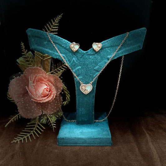 Rose Gold Heart Pendant Set for Women | Aqua Enamel & Floral Detailing | Anti-Tarnish Stainless Steel