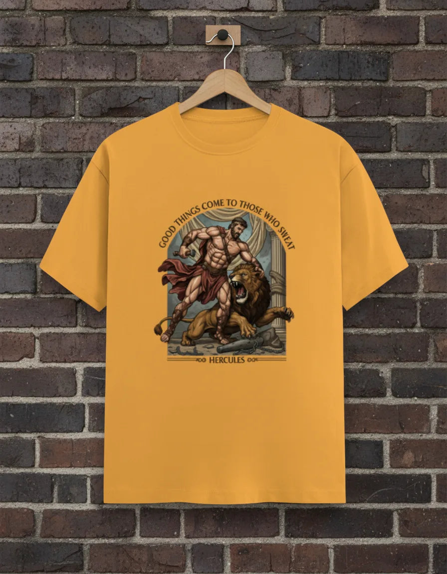 Men’s “Good Things Come to Those Who Sweat” Hercules Graphic T-Shirt – Stylish Casual Wear Classic Crew T-Shirt