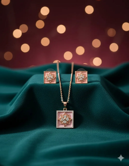Rose Gold Square Pendant Set for Women | Floral Design | Stainless Steel | Anti-Tarnish Jewelry