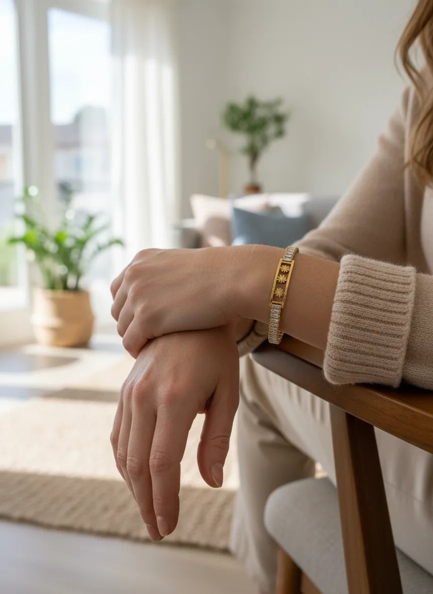 Gold Crystal Tennis Bracelet for Women | Floral Accent | Anti-Tarnish Stainless Steel Jewelry