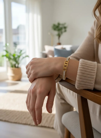 Gold Crystal Tennis Bracelet for Women | Floral Accent | Anti-Tarnish Stainless Steel Jewelry