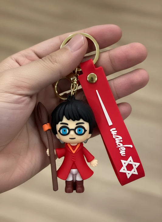 Harry Potter Inspired Wizard Keychain with Magic Wand & Red Strap – Funky Cartoon Rubber Key Ring