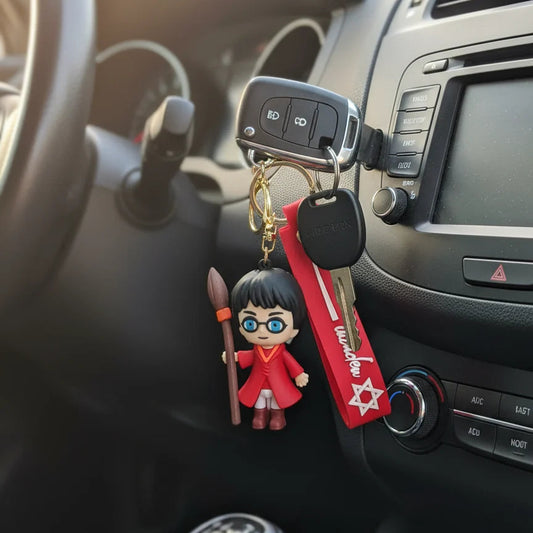 Harry Potter Inspired Wizard Keychain with Magic Wand & Red Strap – Funky Cartoon Rubber Key Ring