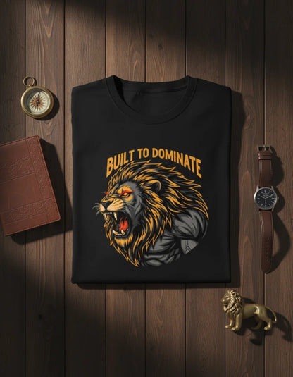 Men’s “Built to Dominate” Lion Graphic Gym & Casual T-Shirt Basic T-Shirt